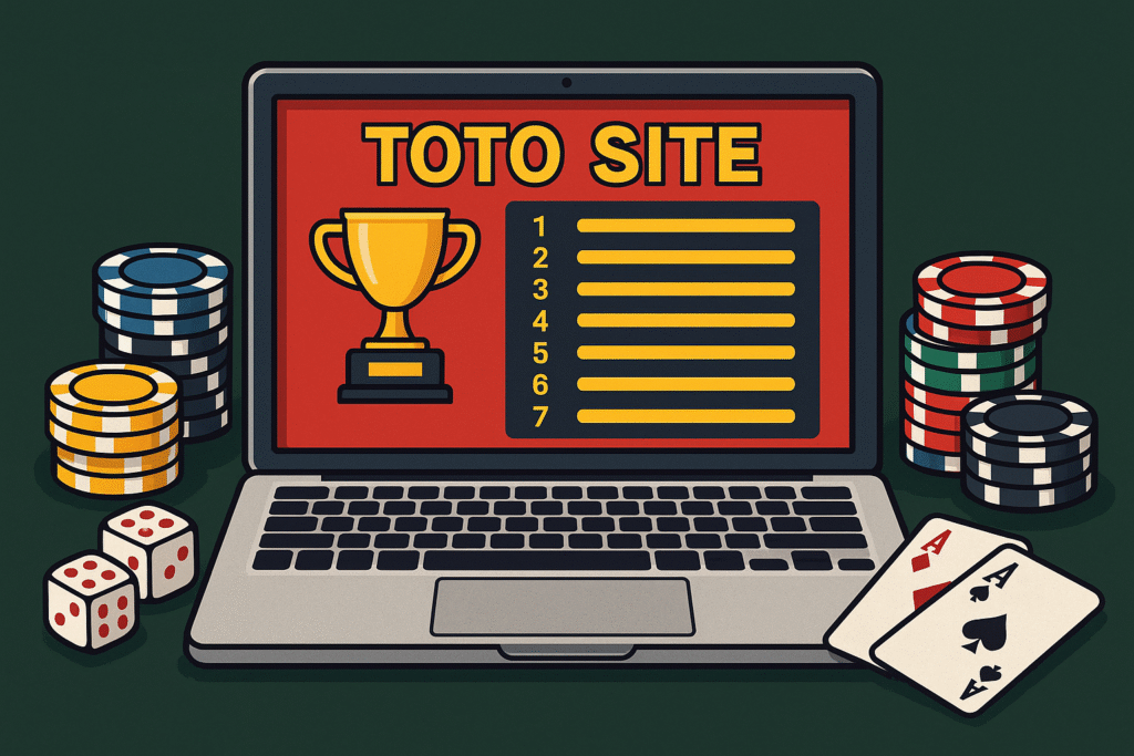 노트북 화면에 토토사이트 순위가 표시되고 주변에 포커 칩, 주사위, 카드가 놓인 일러스트